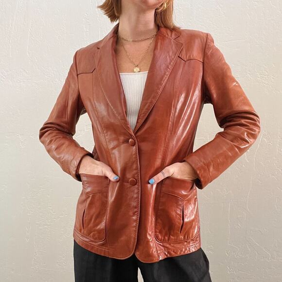 Vintage 1970's Tan Leather Fitted Blazer Style Jacket - Picture 6 of 9